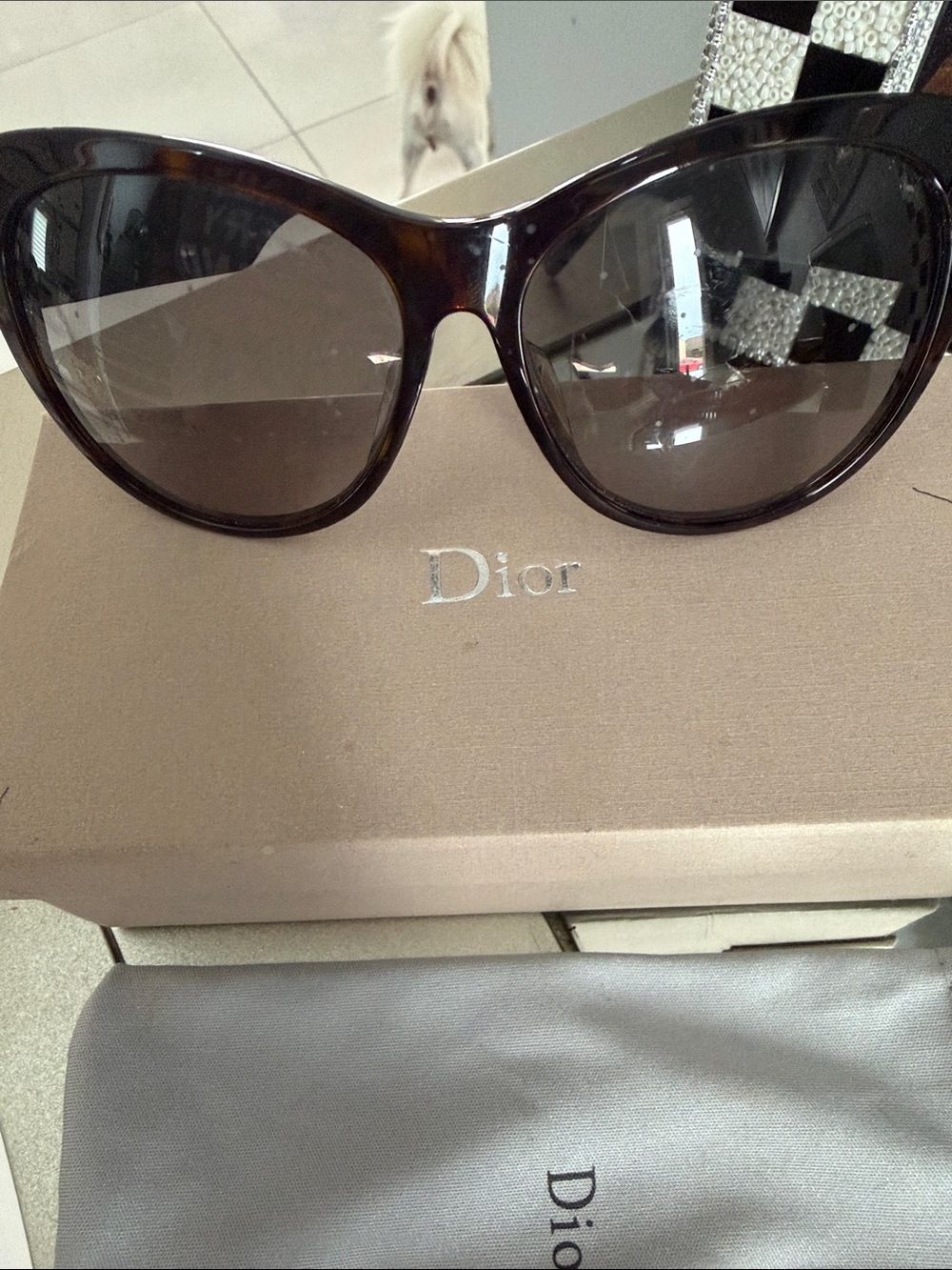 Dior Black Tortoiseshell Sunglasses with Pink Crystal Temples